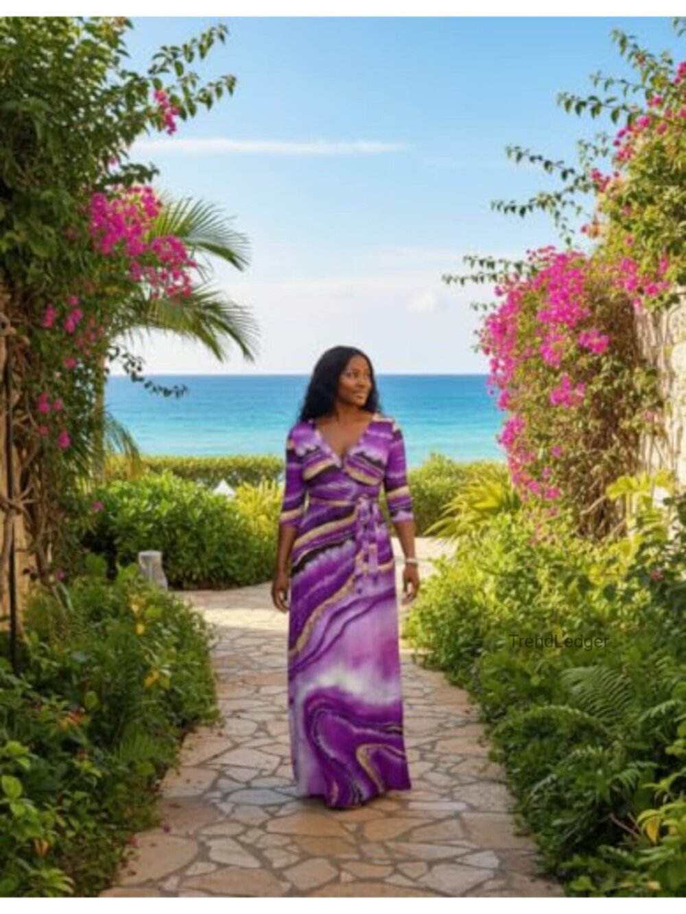 Plus Size Maxi Dress V-Neck 3/4 Sleeve Print Fitted Wrap with Pockets & Belt